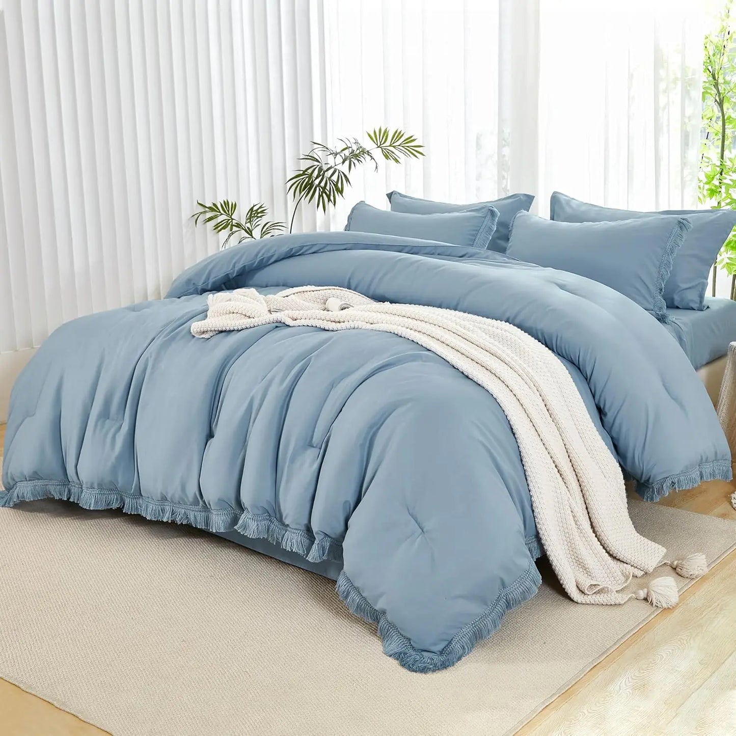 Comforter Set King Size, with Sheets 7 Pieces Boho Tassel Bed in a Bag Soft Lightweight Bedding Sets, All Season Fringe Bed Set