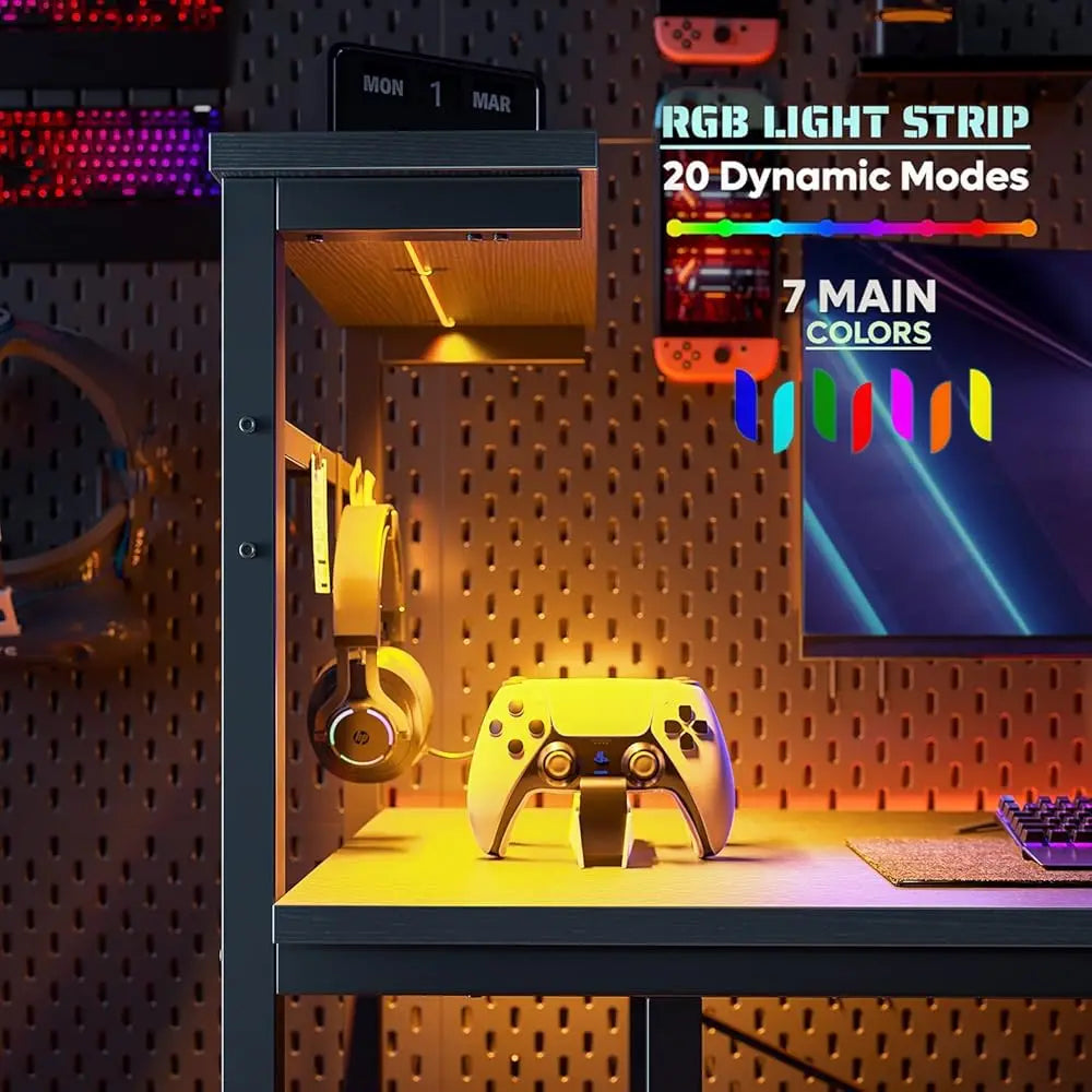 Gaming Desk With Led Lights, 44 H Pc Gamer Desk For Small Spaces, Computer Desk With Reversible Storage Shelves & Side Storage