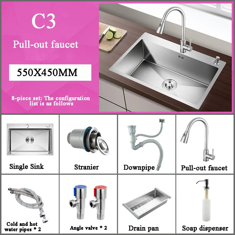 Stainless Steel Kitchen Sink Farm House Above Counter Undermounter Single Bowel Wash Basin with Faucet Drain Kitchen Accessories