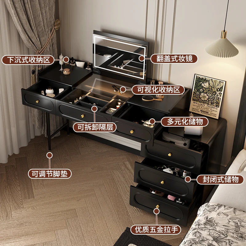 Makeup Organizer Vanity Table Modern Decor Drawer Storage Dressing Table Aesthetic Light Mirror Dressers Bedroom