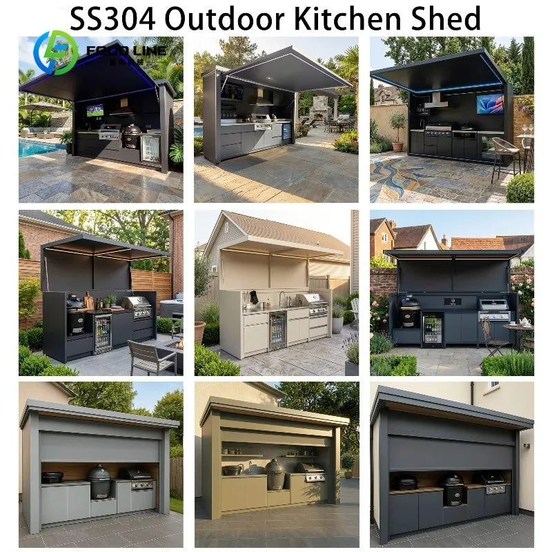 Customized Antirust Stainless Steel Outdoor Kitchen with Closable Shed Moisture Resistant Outdoor Kitchen BBQ Pod for Villa