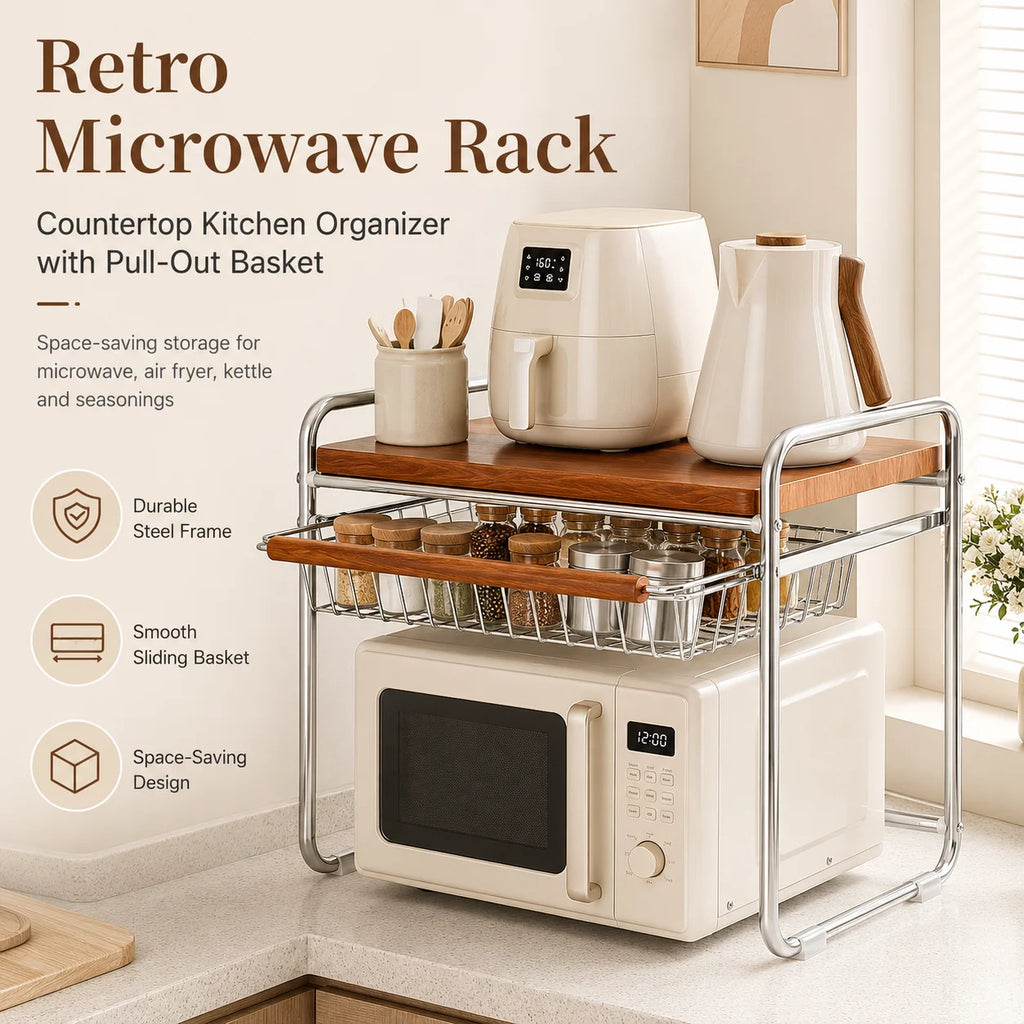 Microwave Oven Rack with Pull-Out Basket Kitchen Countertop Storage Shelf Metal Wood Grain Organizer for Rice Cooker