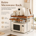 Microwave Oven Rack with Pull-Out Basket Kitchen Countertop Storage Shelf Metal Wood Grain Organizer for Rice Cooker