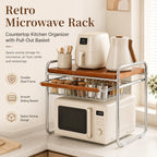 Microwave Oven Rack with Pull-Out Basket Kitchen Countertop Storage Shelf Metal Wood Grain Organizer for Rice Cooker