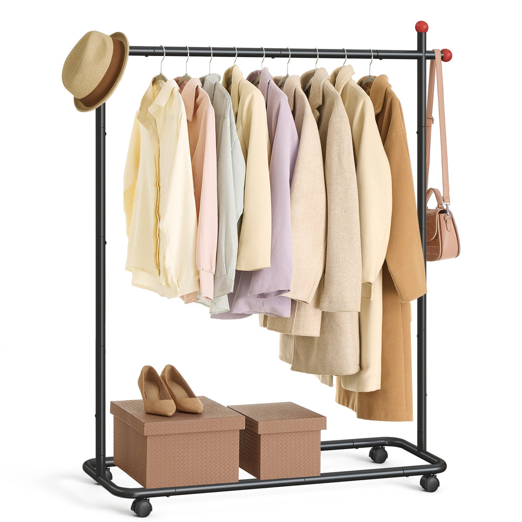 SONGMICS HOME Clothes Rack, Clothing Rack on Wheels, Portable Garment Rack, with 1 Clothes Hanging Rail, Matchstick-Shaped Hooks
