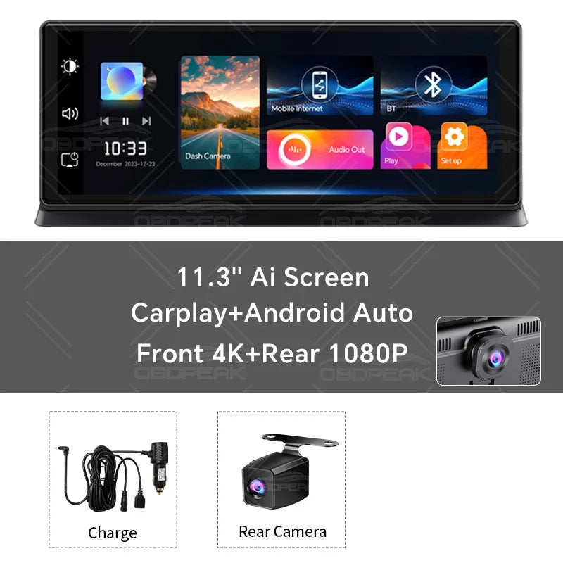 11.3 inch Car DVR 4K Dash Cam Dual Lens Wireless Carplay & Android Aut