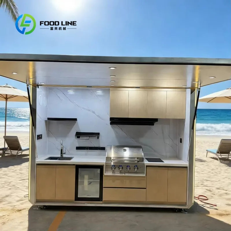 Customized 2.9m Outdoor Mobile Kitchen Cabinet BBQ Island Cabinets Multi Function Backyard Party Catering Equipment