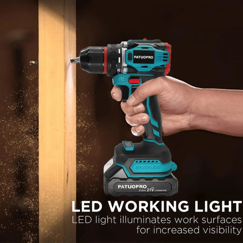 PATUOPRO 10mm Cordless Brushless Electric Drill 2-Speed Metal Chuck Drill Screwdriver Home DIY Power Tool For Makita 18V Battery