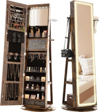 LED Mirror Jewelry Cabinet Standing, 360° Swivel Lockable Jewelry Armoire with Full Length Mirror and Adjustable LED Lights