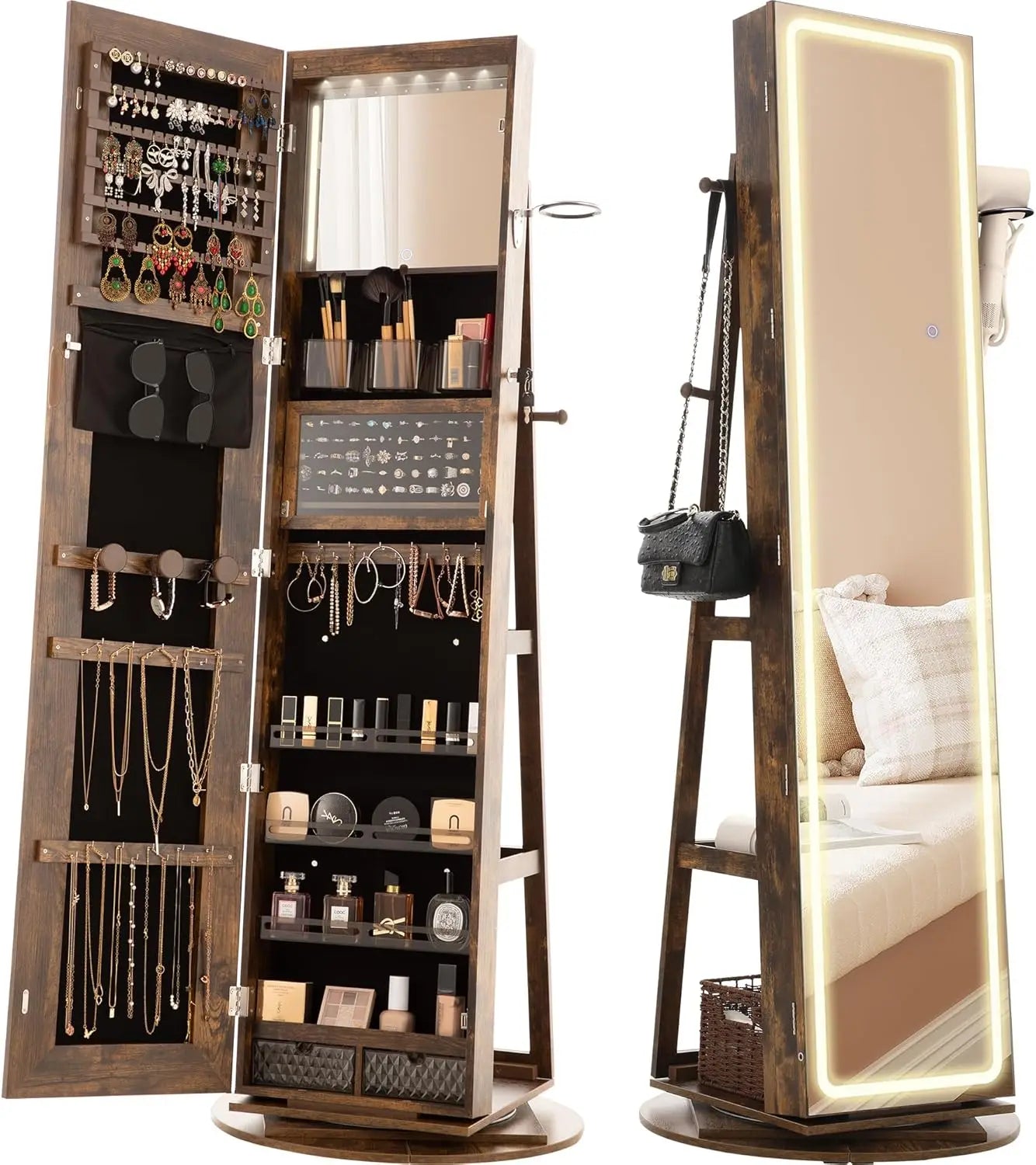 LED Mirror Jewelry Cabinet Standing, 360° Swivel Lockable Jewelry Armoire with Full Length Mirror and Adjustable LED Lights
