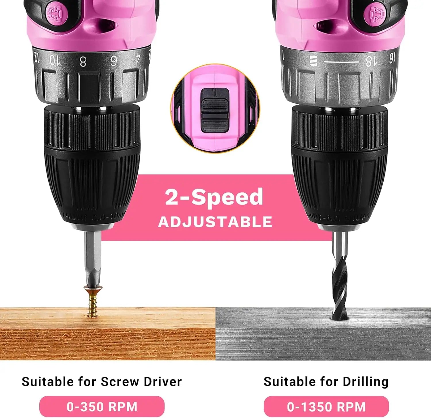 DEKO Pink Cordless Drill 20V - Electric Power Drill Set Tool for Women | AlluCanFind