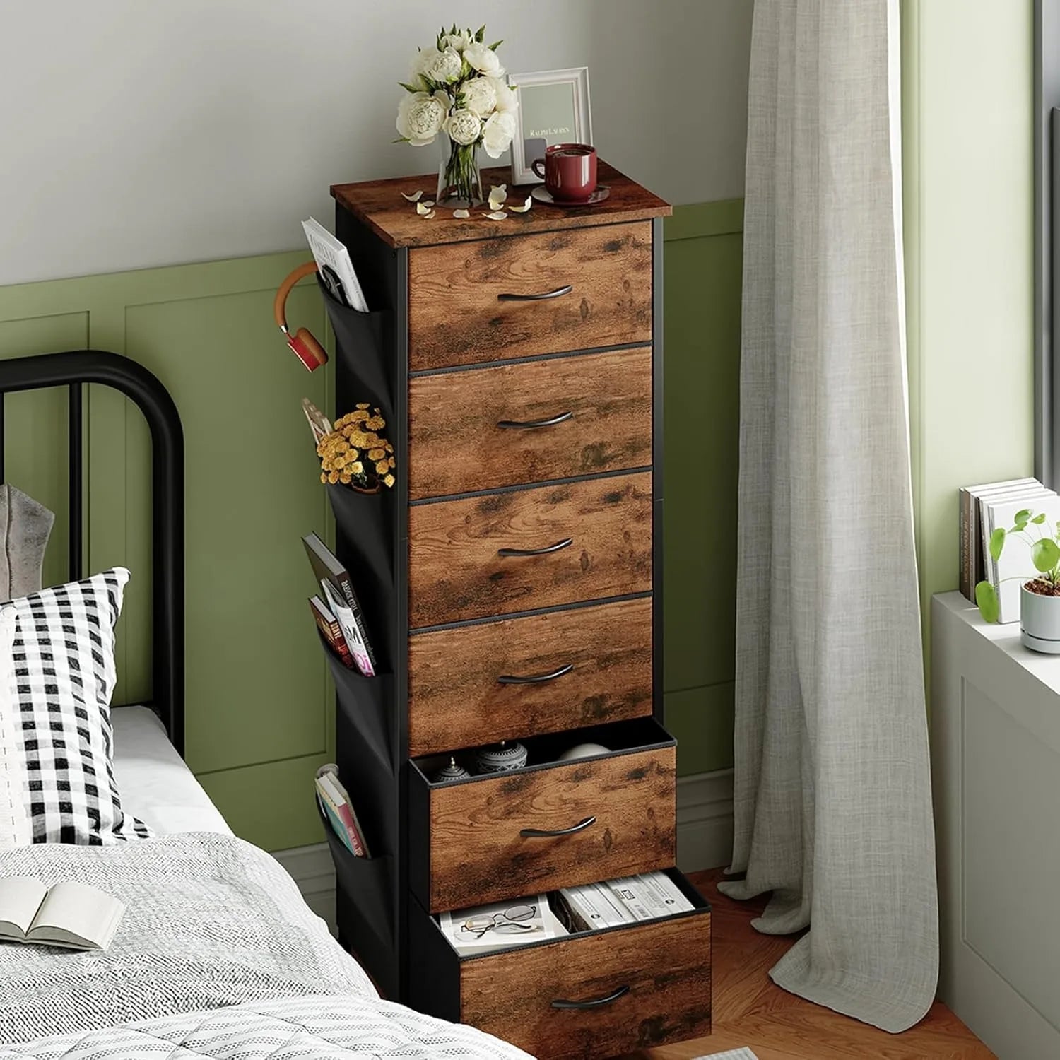 Tall Dresser for Bedroom with 6 Drawers and Side Pockets, Storage Organizer Chest of Drawers with Fabric Bins for Closet