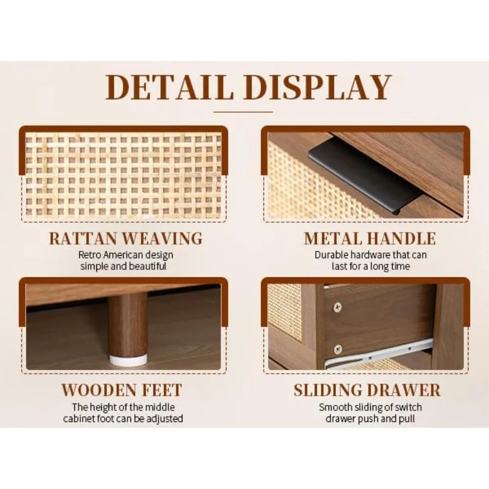 6 Drawer Double Dresser for Bedroom,Natural Rattan Modern Drawer Chest,Wooden Storage Wardrobe Dresser with Black Handles,Floor