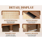 6 Drawer Double Dresser for Bedroom,Natural Rattan Modern Drawer Chest,Wooden Storage Wardrobe Dresser with Black Handles,Floor