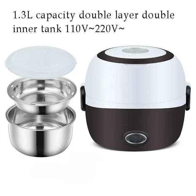 Mini Electric Rice Cooker Stainless Steel 2/3 Layers Food Container Steamer Portable Meal Heating Lunch Box Heater Warmer Bento