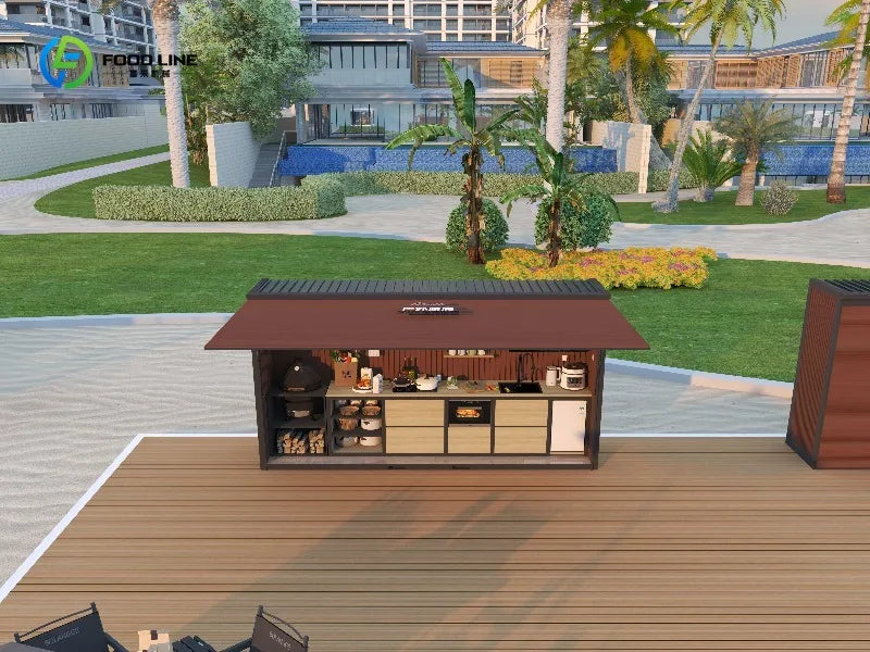 Customized Contemporary Modular Outdoor Kitchen Unit Weatherproof Mobile Garden/Patio Cabinets Sink Grill Wooden Houses