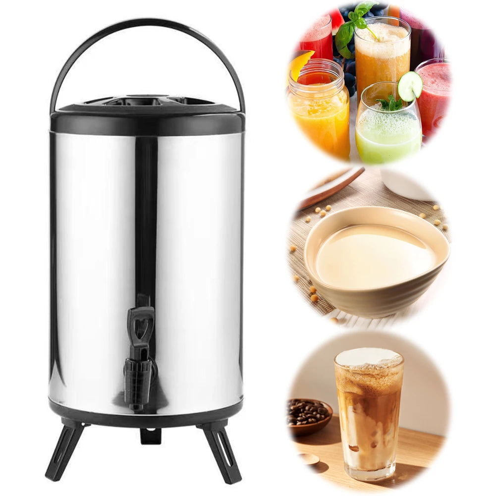 Stainless Steel Double-Layer Container 6L/8L with Faucet Beverage Dispenser Milk Tea Buckets Ideal for Water Milk Tea and Coffee