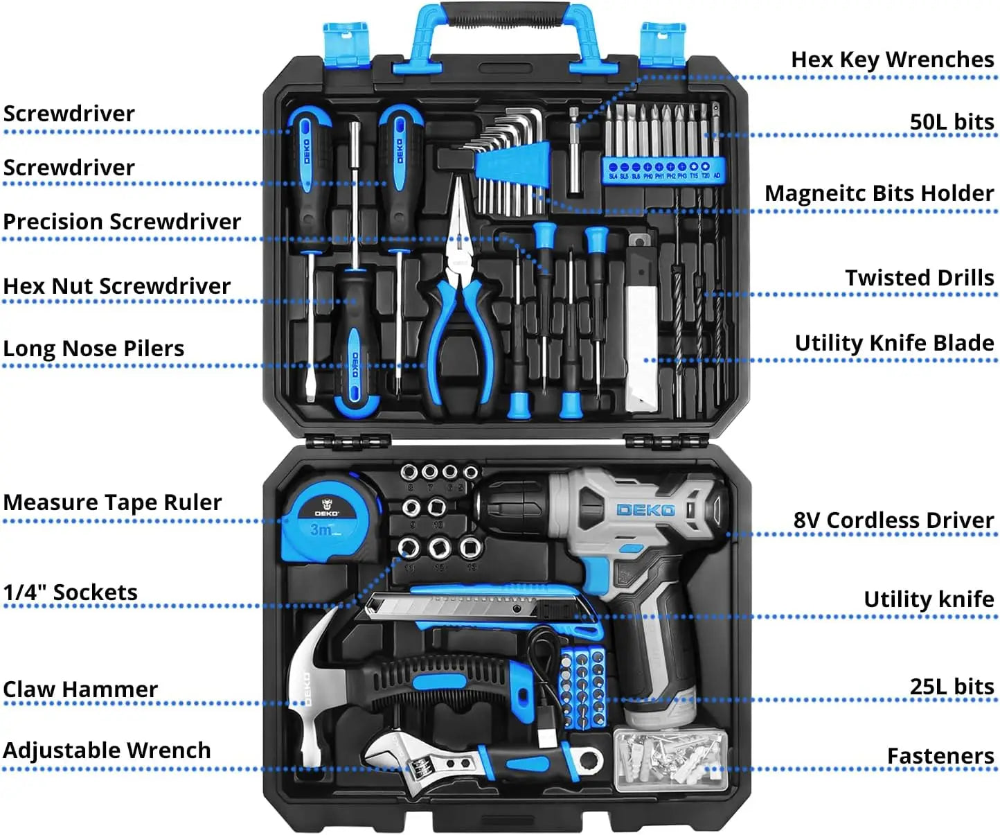 DEKO 126-Piece Home Tool Kit - 8V Blue Cordless Drill & Hand Tool Set for Women | AlluCanFind