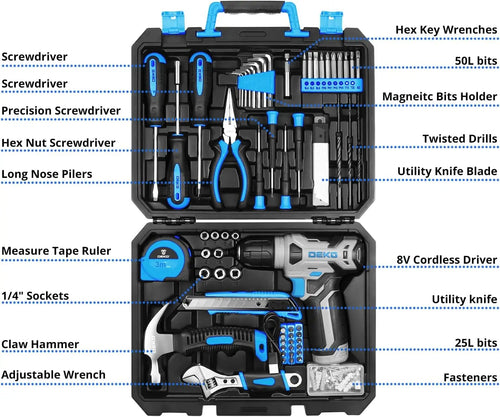 DEKO 126-Piece Home Tool Kit - 8V Blue Cordless Drill & Hand Tool Set for Women | AlluCanFind