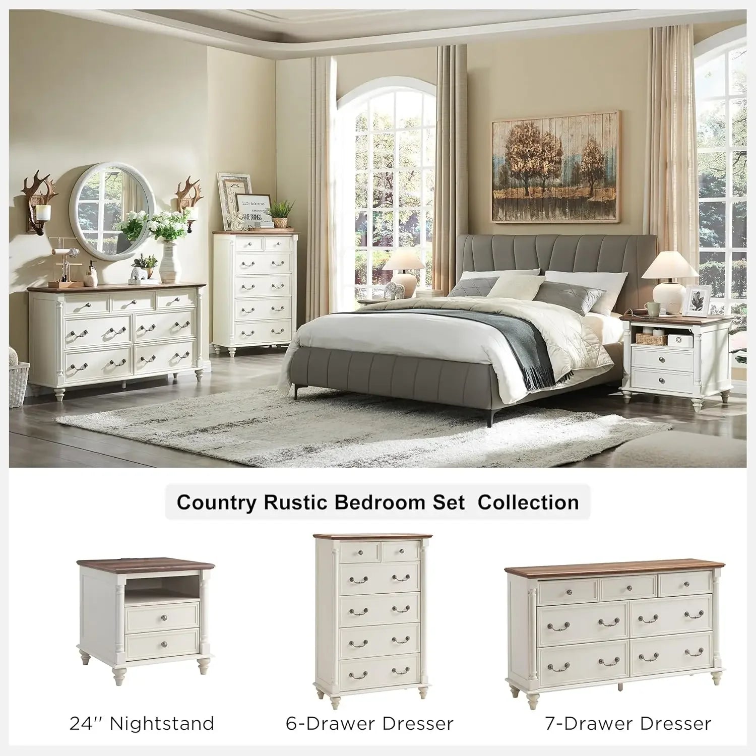 Farmhouse 6 Drawers Dresser Chests, Tall Wood Rustic Chest , Storage Organizer for Bedroom, Living Room, Nursery, Antique White