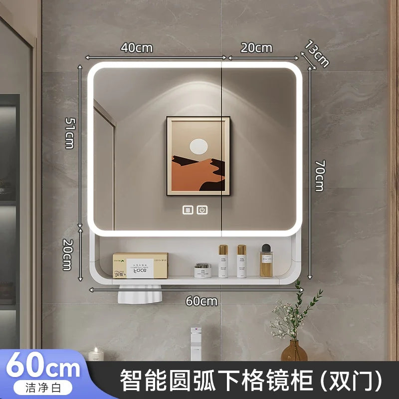 Aluminum Alloy Arc Smart Bathroom Mirror Cabinet Wall Mounted Storage Locker LED Light Bathroom Furniture Muebles Para Baño FYBC