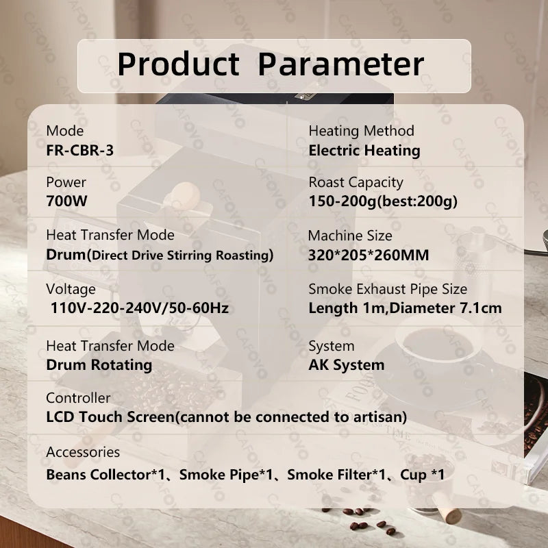 CAFOVO RE-3 Electric Coffee Bean Roaster Machine 200g Direct Fire Stirring Baking Intelligent Dual Mode for Home Use