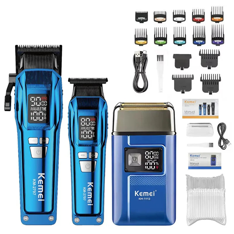 Kemei Trimmer KM-2797 Rechargeable Electric Hair Clippers Set LCD Shaver KM-1112 Dry And Wet Shaving Machine Cordless Kit