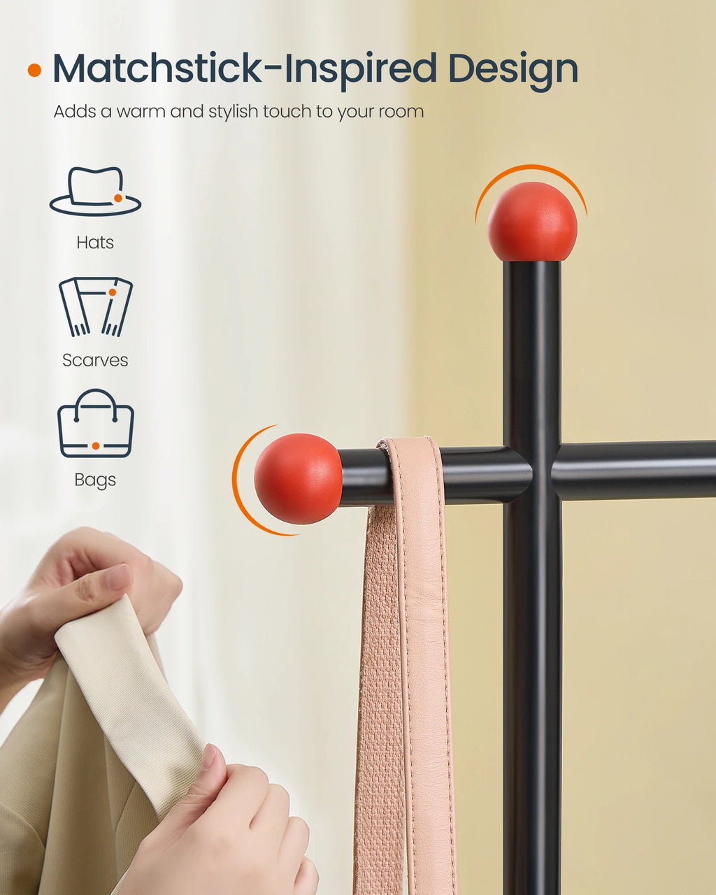 SONGMICS HOME Clothes Rack, Clothing Rack on Wheels, Portable Garment Rack, with 1 Clothes Hanging Rail, Matchstick-Shaped Hooks