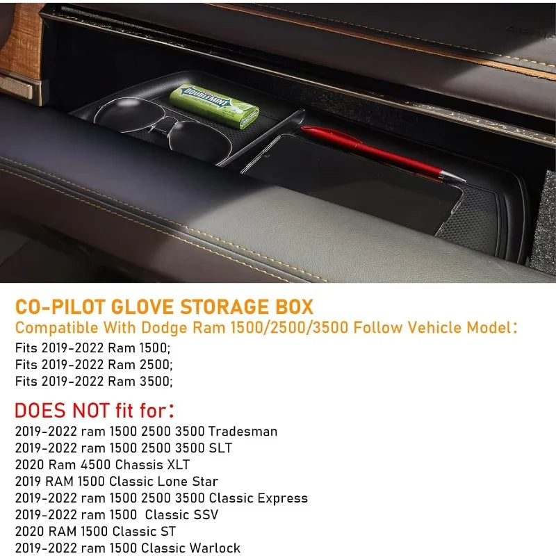 Compatible with Dodge Ram 1500 2500 3500 Glove Box Organizer 2019 2020 2021 2022 2023 2024,Center Console Organizer Console Tray