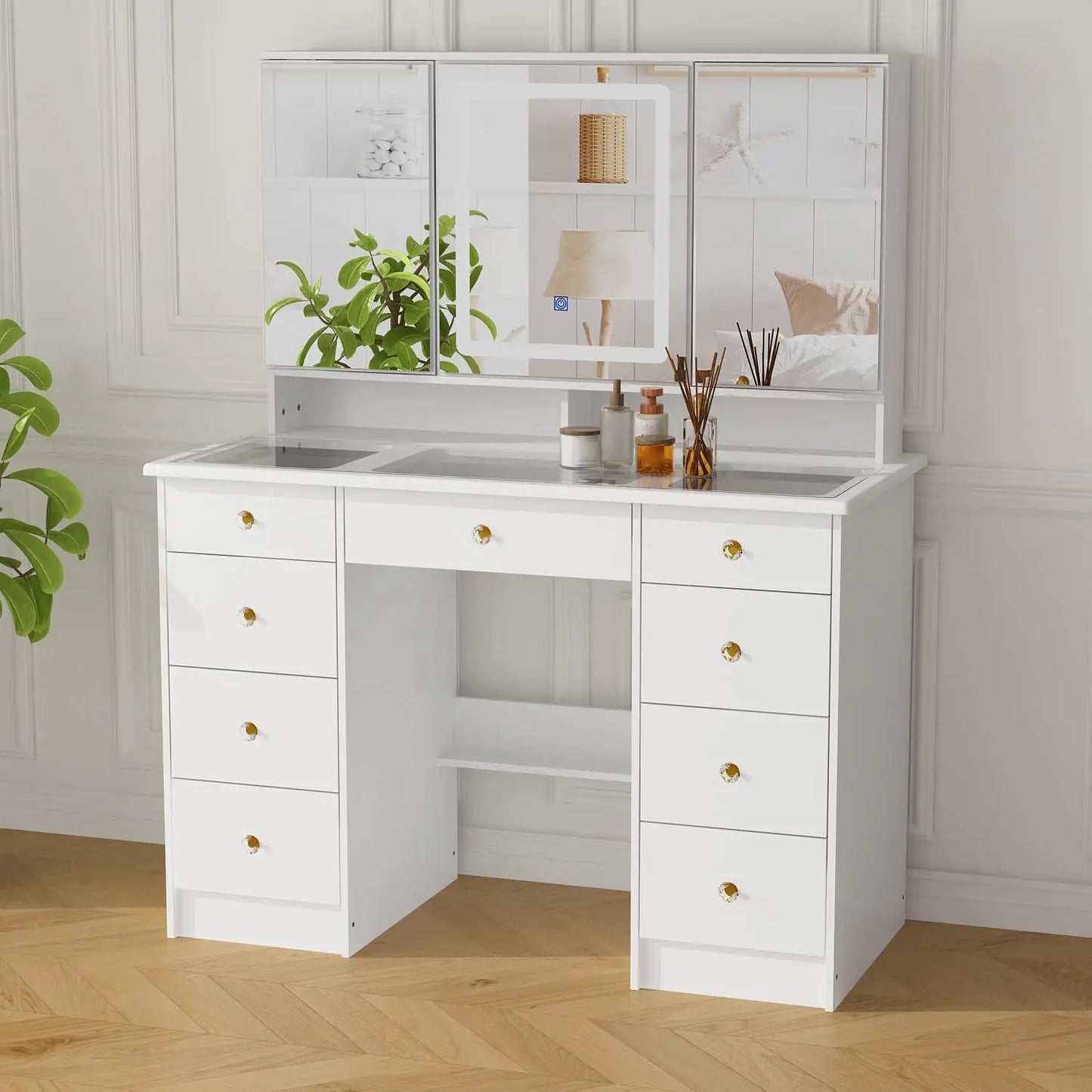 Vanity Desk with Trifold Mirrors & LED Light,Large Makeup Vanity with Glass Top,9 Drawers & Shelves,Mirrored Doors in 3 Colors