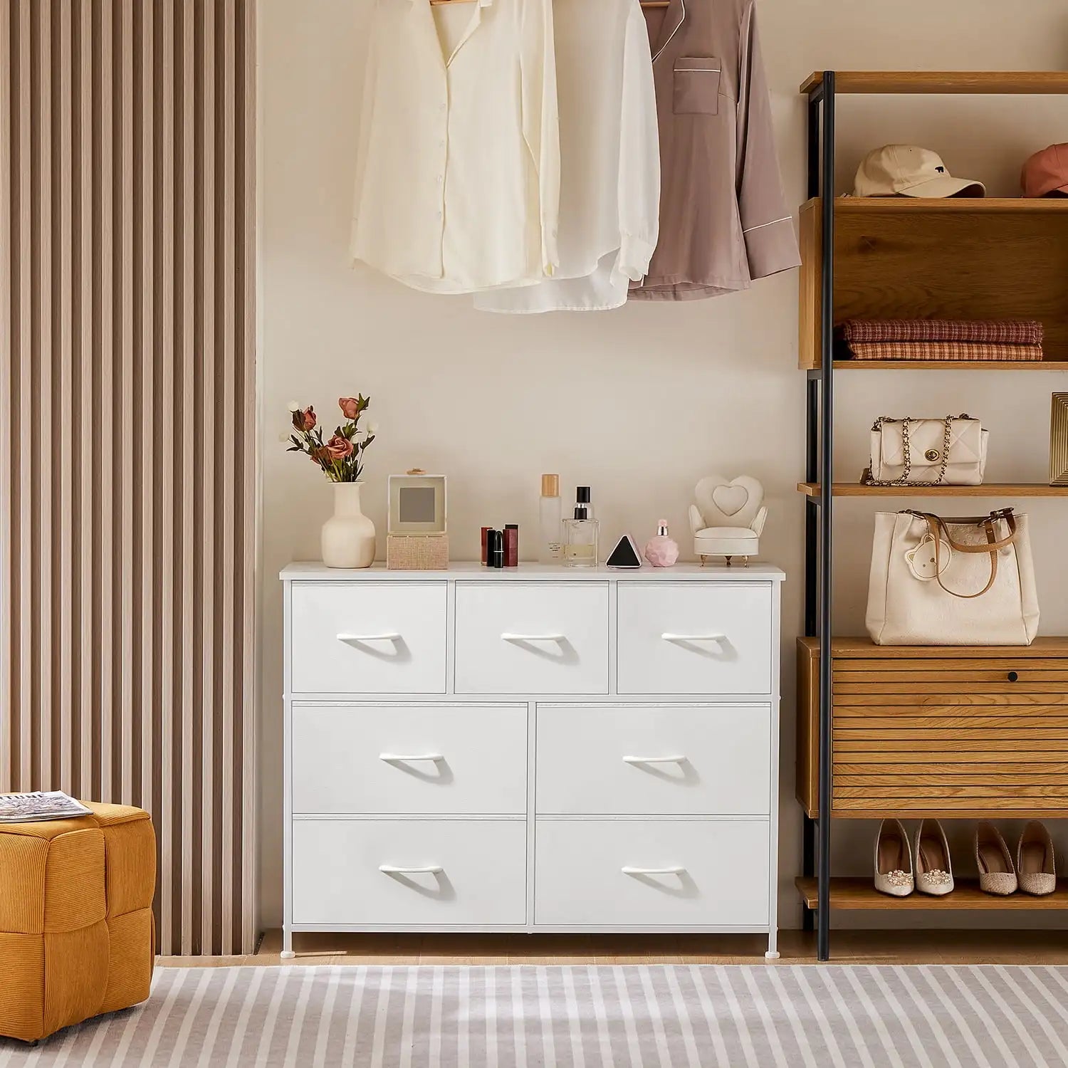 Dressers with 7 Fabric Drawers, Drawer Cabinet, Organization Furniture for Kitchen, Office, Hallway, White