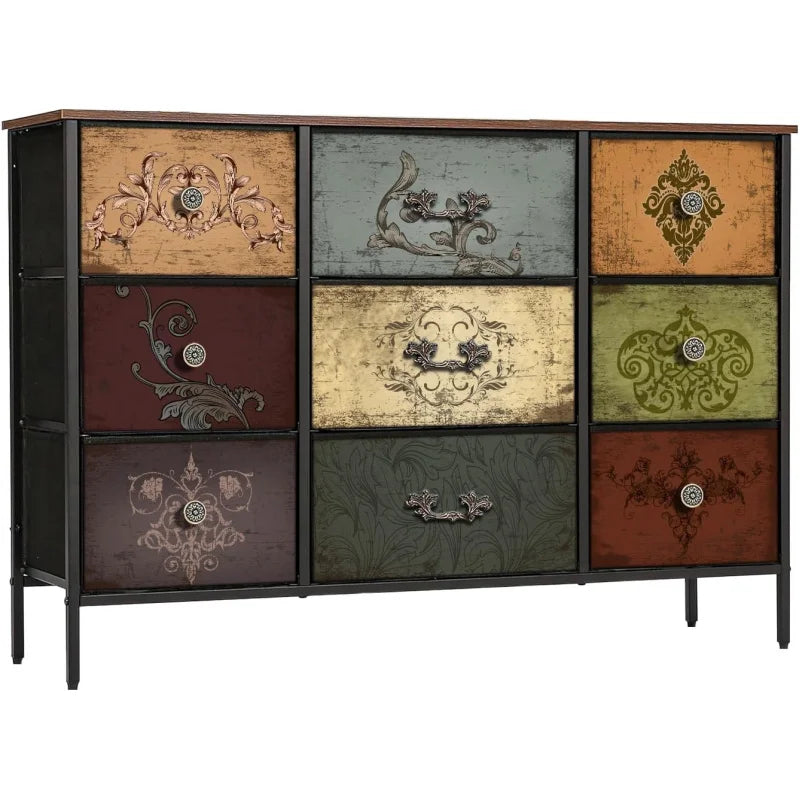 Dresser for Bedroom with 9 Deep Fabric Drawers, Wide TV Stand Storage Cabinet, Colorful Chest of Drawers for Closet, Nursery, En