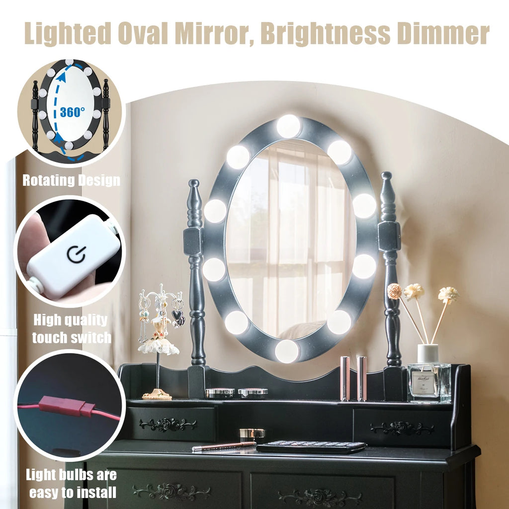 4 Drawers Vanity Table Dressing Table W/10 Dimmable Bulbs &Touch Switch Black