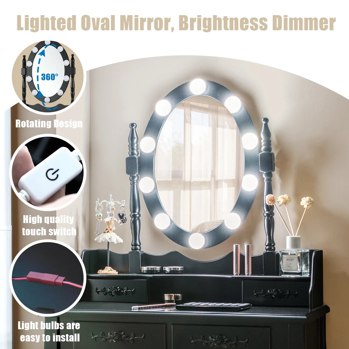 4 Drawers Vanity Table Dressing Table W/10 Dimmable Bulbs &Touch Switch Black