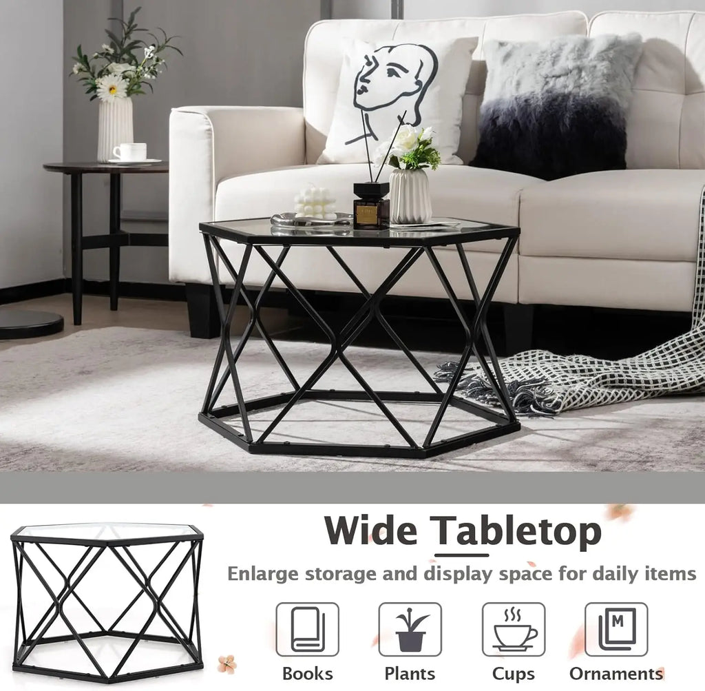 Giantex Hexagonal Glass Coffee Table, End Table W/Tempered Glass Top & Sturdy Metal Legs, Modern Center Table, Geometric Small