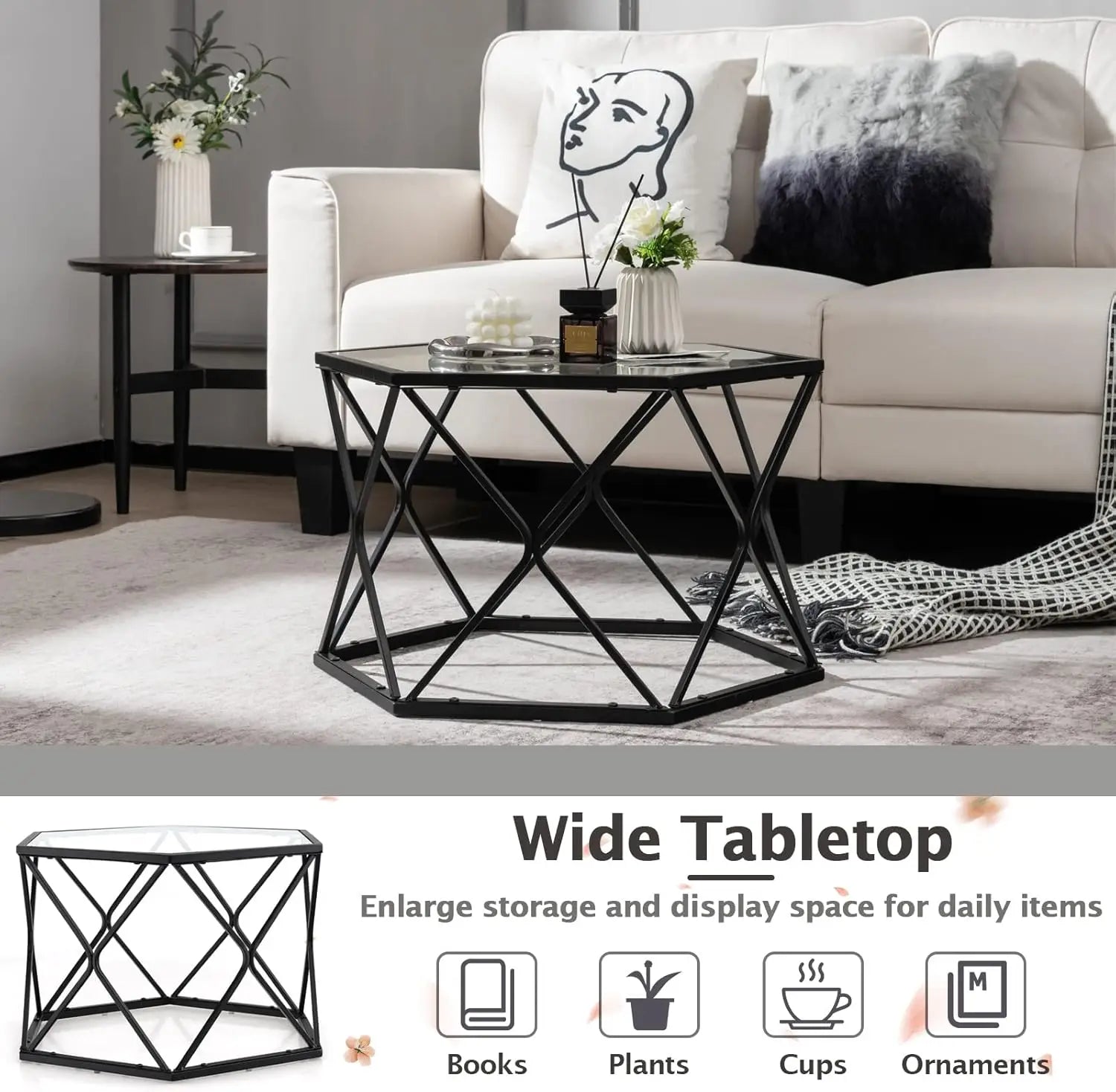 Giantex Hexagonal Glass Coffee Table, End Table W/Tempered Glass Top & Sturdy Metal Legs, Modern Center Table, Geometric Small