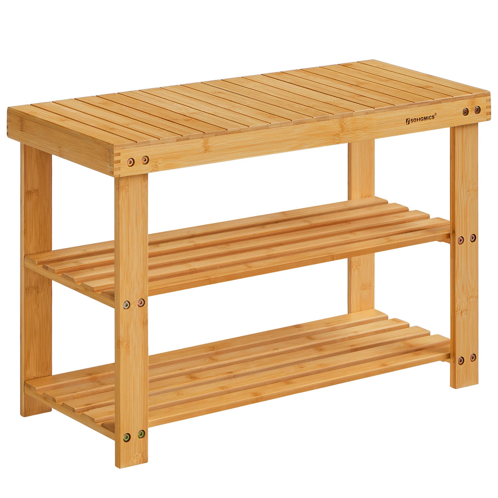 SONGMICS Shoe Rack Bench, 3-Tier Bamboo Shoe Storage Organizer, Entryway Bench, Holds Up to 286 lb, 11.3 x 27.6 x 17.8 Inches