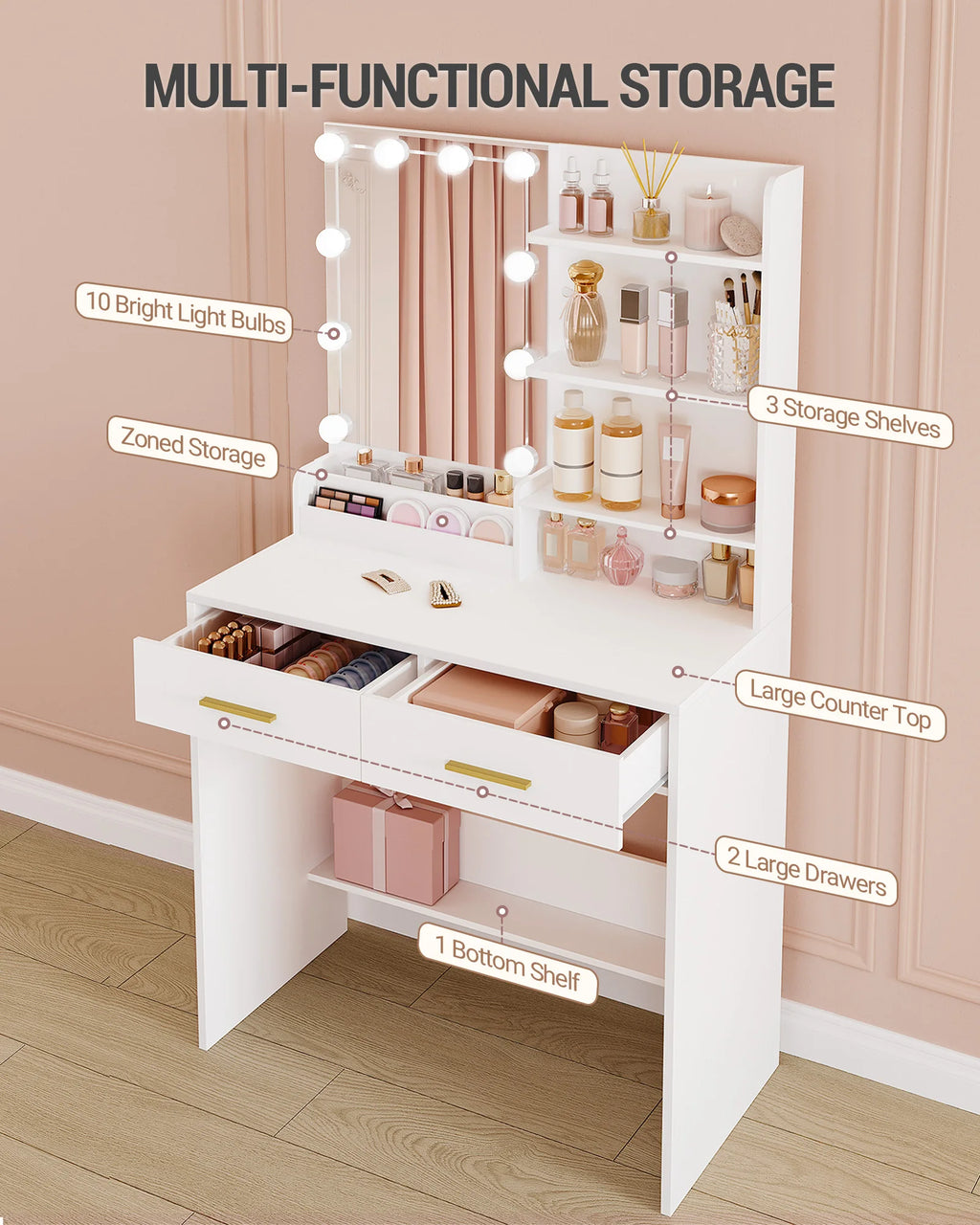 Hzuaneri Dressing Table with LED Lighting, Adjustable Brightness, with Mirror, Dresser with 2 Drawers, 4 Shelves, 2 Compartments