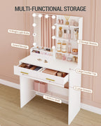 Hzuaneri Dressing Table with LED Lighting, Adjustable Brightness, with Mirror, Dresser with 2 Drawers, 4 Shelves, 2 Compartments