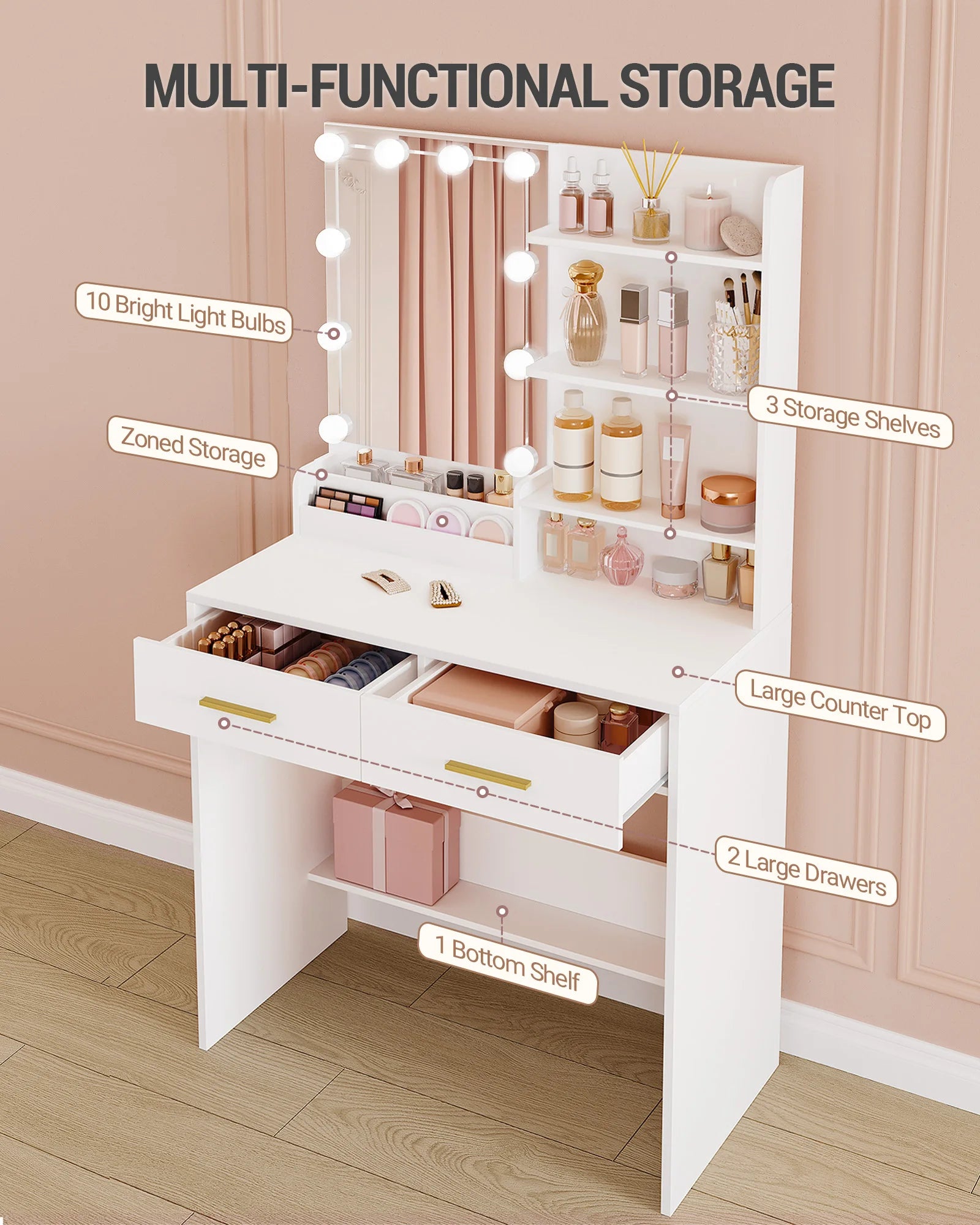 Hzuaneri Dressing Table with LED Lighting, Adjustable Brightness, with Mirror, Dresser with 2 Drawers, 4 Shelves, 2 Compartments