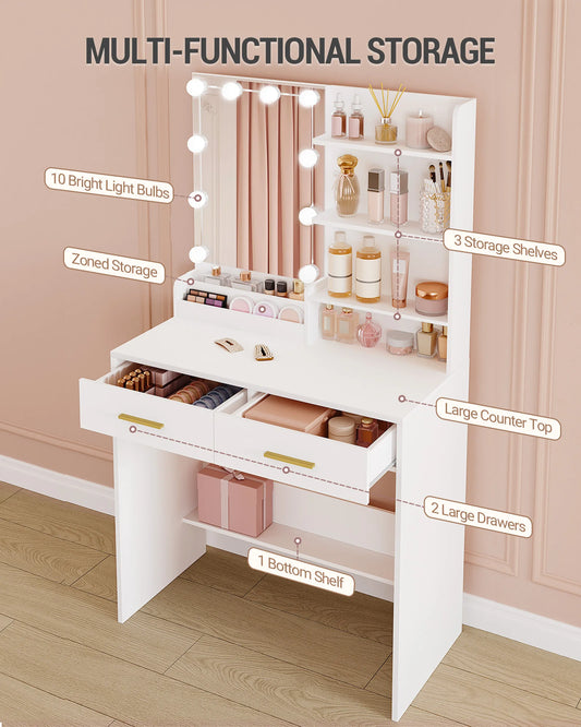 Hzuaneri Dressing Table with LED Lighting, Adjustable Brightness, with Mirror, Dresser with 2 Drawers, 4 Shelves, 2 Compartments