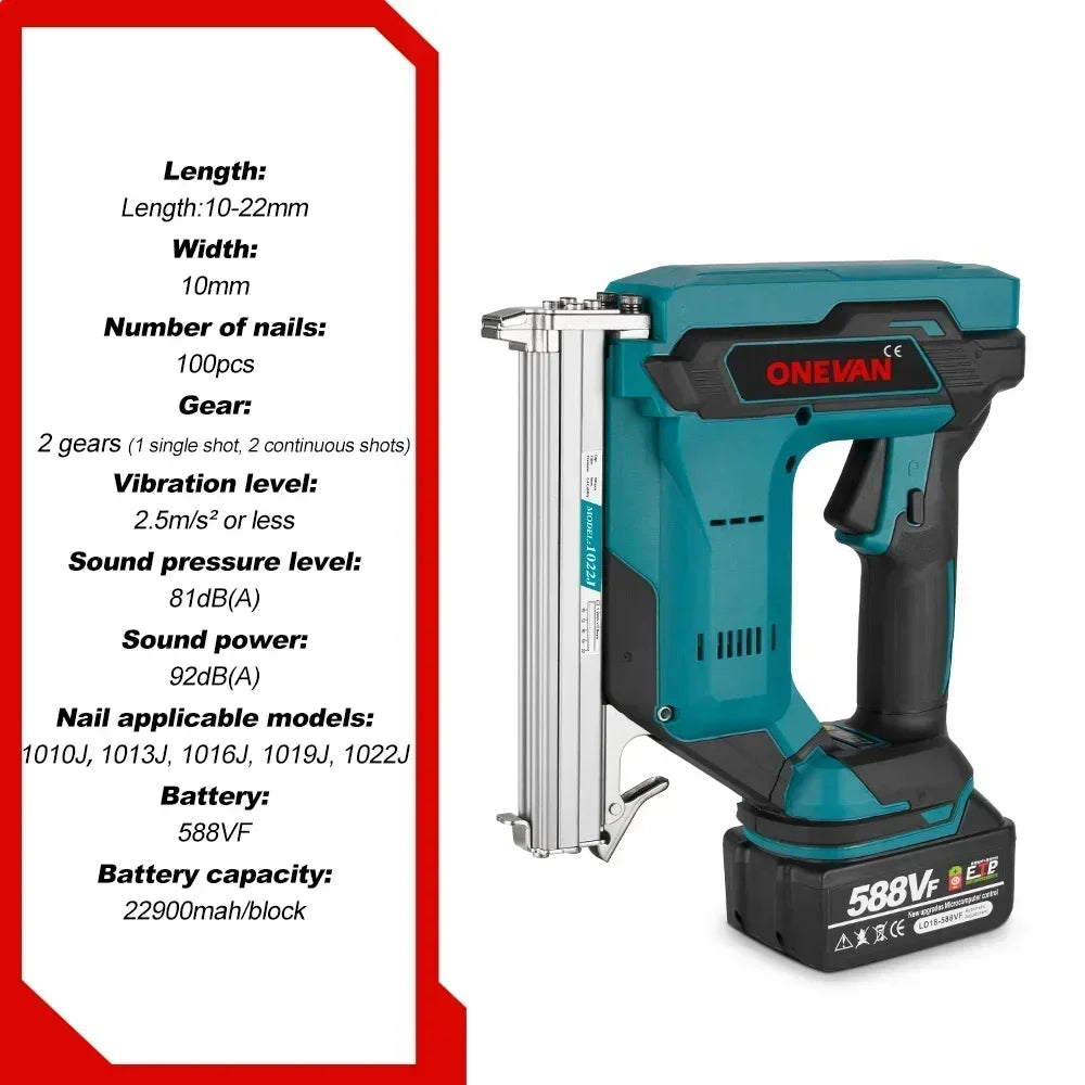 ONEVAN 1022J 2Gears Brushless Cordless Electric Nailer Stapler Furniture Staple Gun Woodworking Tools For 21V 18v Battery