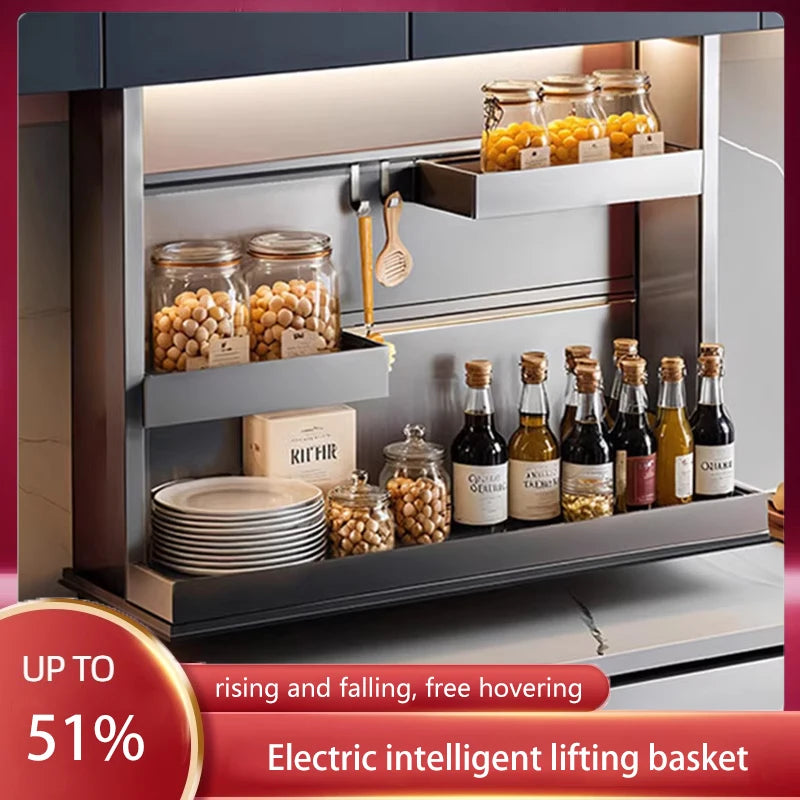 Kitchen Wall Cabinet Vertical Lifting Basket Electric Intelligent Voice Touch Control Automatic Seasoning Basket Cabinet