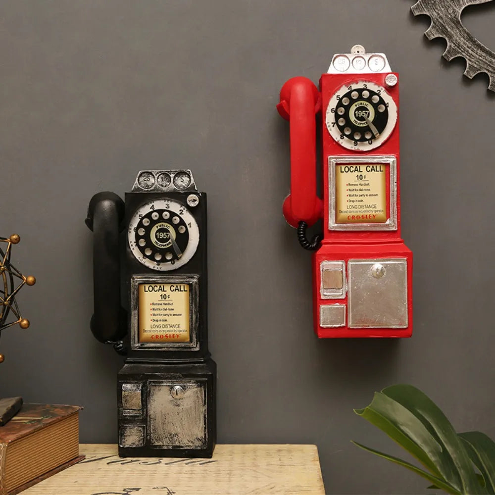 Vintage Wall-Mounted Resin Telephone Booth Figurine with Rotary Dial