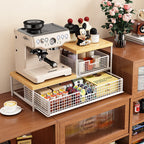 Space-Saving Kitchen Countertop Organizer with Drawer & Wire Basket - Sturdy Hardwood Shelf for Coffee Maker.