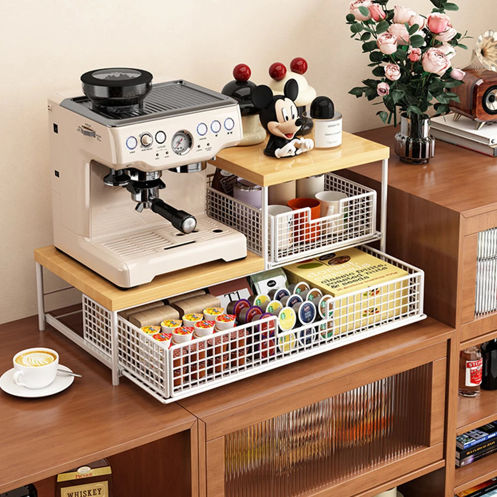 Space-Saving Kitchen Countertop Organizer with Drawer & Wire Basket - Sturdy Hardwood Shelf for Coffee Maker.