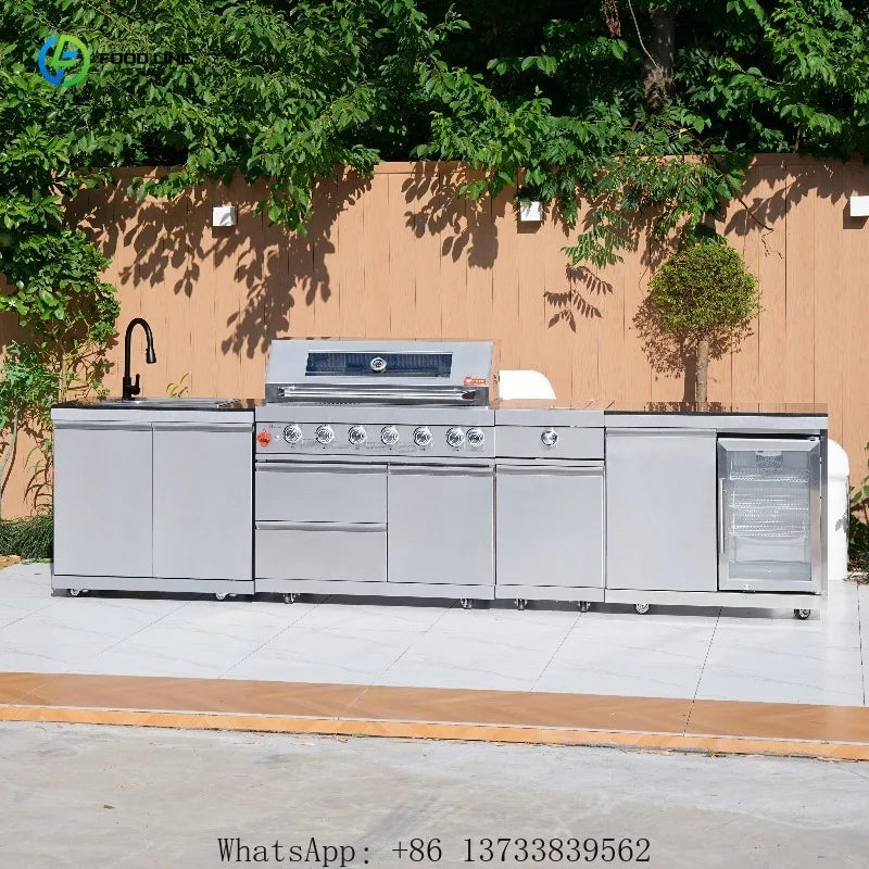Customized Outdoor Kitchen Professional Waterproof Stainless Steel Barbecue Cabinet With Gas Grill Refrigerator Sink