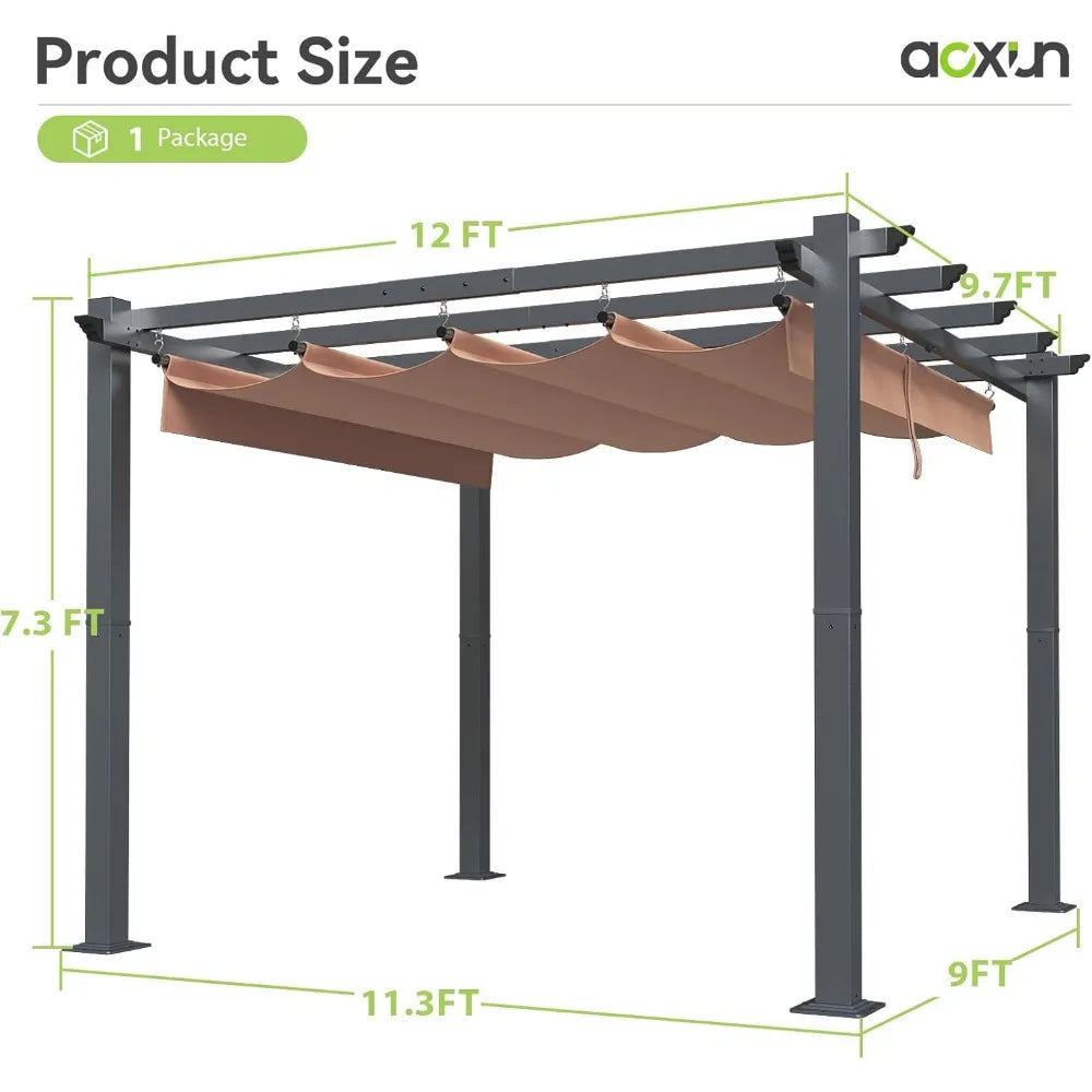 Outdoor Pergola, Upgraded Canopy with Adjustable Roof, Metal Patio Pergola with Brown Shade Cover for Backyard, Ga