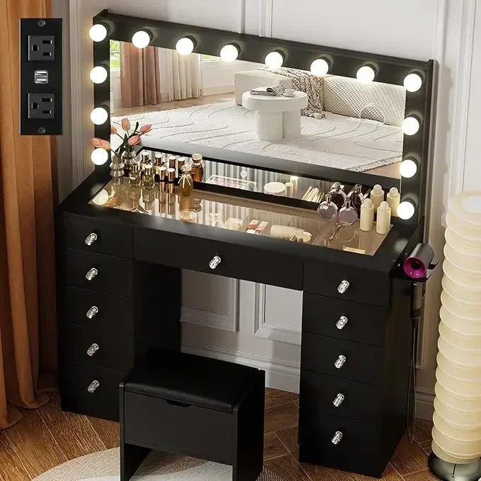 Dressing Table with Illuminated Mirror, with Glass Top and 11 Drawers, 3 Color Lighting Modes, Dresser with Upholstered Stool