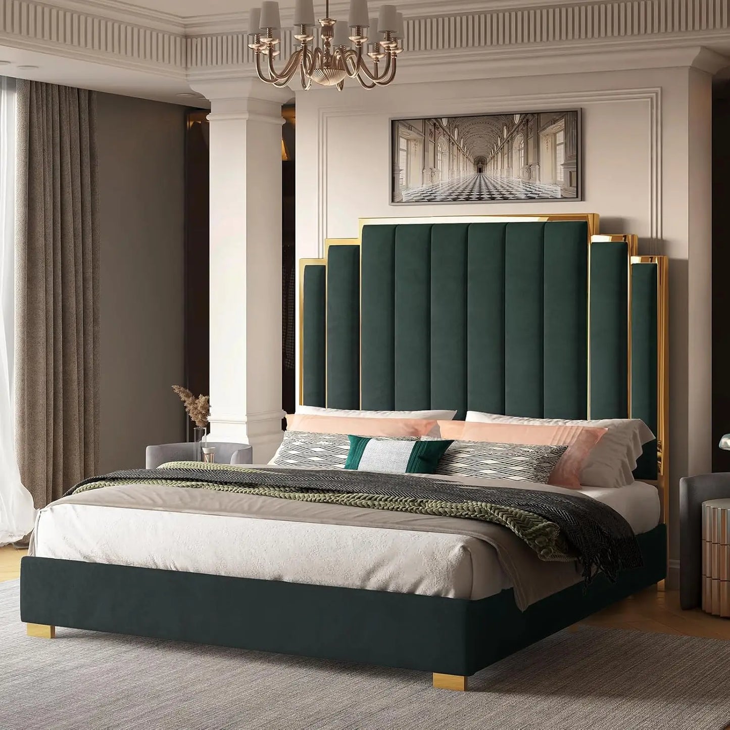 King Size Platform Bed Frame, 65" Velvet Upholstered Bed with Gold Trim Headboard/Wooden Slats/No Box Spring Needed/Black